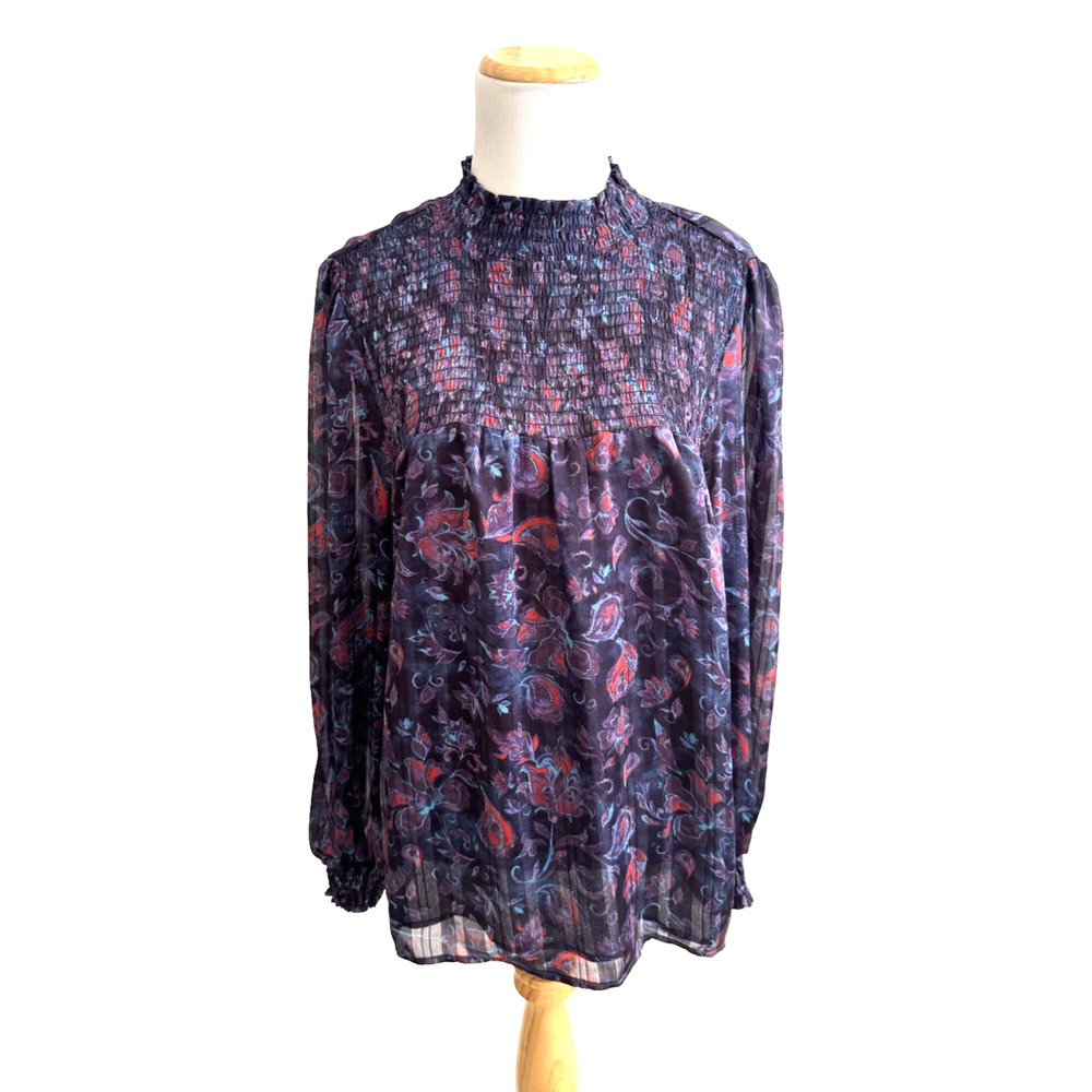 Joie Peasant Blouse M Purple Blue Floral Sheer Overlay Lined Ruched Long-Sleeve